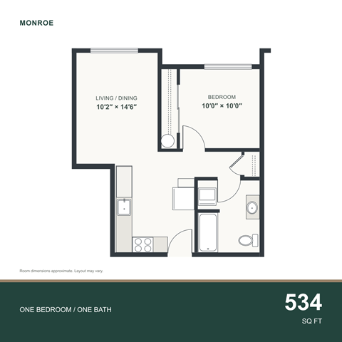Floor plan for 1 bed, 1 bath, 534 sqft